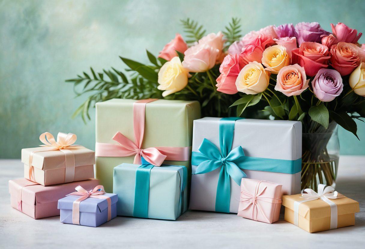 A beautifully arranged display of stylish gifts wrapped in vibrant colors, each uniquely designed to capture affection and sentiment. Feature a heartfelt note next to some of the gifts, symbolizing connections. Include decorative elements like flowers and soft ambient lighting to create a warm atmosphere. The background should be softly blurred to keep the focus on the gifts. painterly, soft pastels, elegant composition.