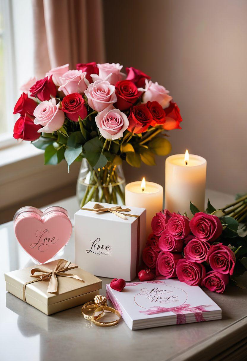 A beautifully arranged display of trendy romantic gifts like elegant jewelry, scented candles, and a bouquet of roses on a table. Soft, ambient lighting creates a warm atmosphere, with handwritten love notes peeking from behind the gifts. A cozy backdrop featuring a softly blurred heart-shaped bokeh effect enhances the romantic feel. pastel colors. super-realistic. warm tones.