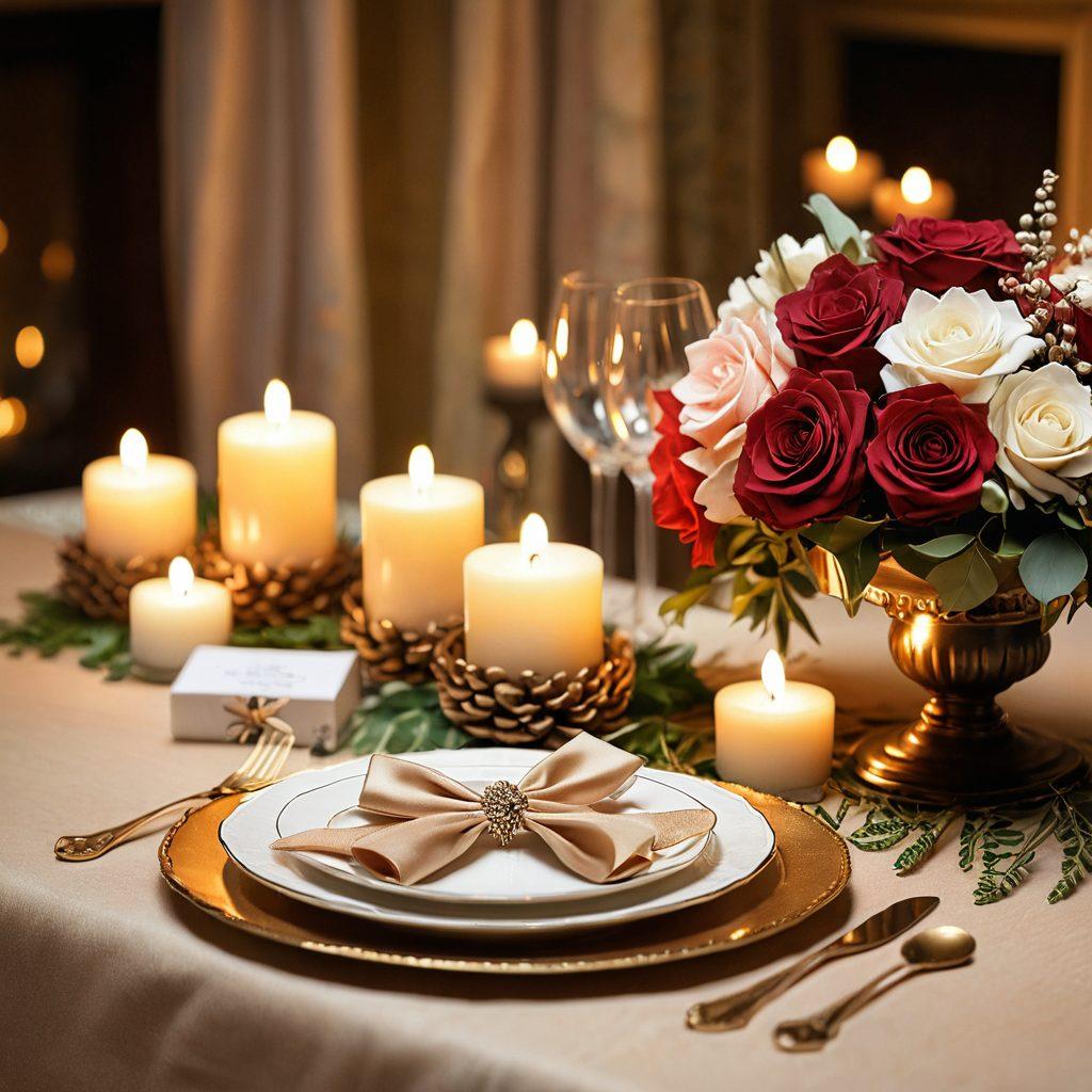 A romantic setting featuring a beautifully arranged table with unique, handcrafted gifts such as artisan jewelry, vintage love letters, and elegant candles. Soft, warm lighting enhances the atmosphere, evoking a sense of intimacy and charm. Include a background of delicate floral elements to add freshness and color. The scene should feel inviting and magical, capturing the essence of thoughtful gifting in romance. super-realistic. warm tones. soft focus.